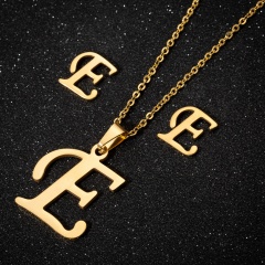 A-Z Letter Gold Stainless Steel Necklace Earring Set (Chain length: 45cm) E