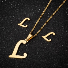 A-Z Letter Gold Stainless Steel Necklace Earring Set (Chain length: 45cm) L