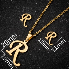 A-Z Letter Gold Stainless Steel Necklace Earring Set (Chain length: 45cm) R
