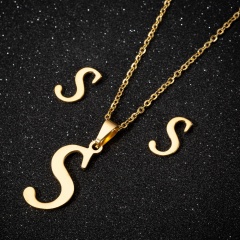 A-Z Letter Gold Stainless Steel Necklace Earring Set (Chain length: 45cm) S
