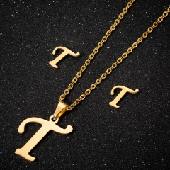 A-Z Letter Gold Stainless Steel Necklace Earring Set (Chain length: 45cm) T