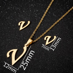 A-Z Letter Gold Stainless Steel Necklace Earring Set (Chain length: 45cm) V