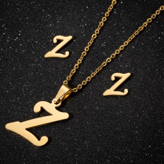 A-Z Letter Gold Stainless Steel Necklace Earring Set (Chain length: 45cm) Z