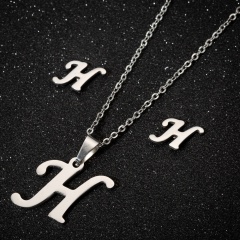 A-Z Letters Silver Stainless Steel Necklace Earring Set H