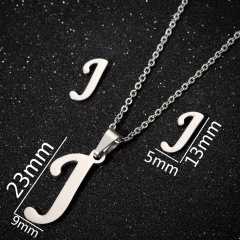 A-Z Letters Silver Stainless Steel Necklace Earring Set J