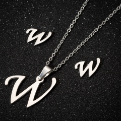 A-Z Letters Silver Stainless Steel Necklace Earring Set W