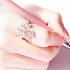 Butterfly flower leaf inlaid rhinestone open ring gold
