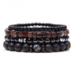 4pcs/set Volcanic stone wood beads copper beads frosted combination beaded men's bracelet set (chain length 19cm) black