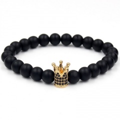 3pcs/set Crown frosted stone volcanic stone combination beaded men's bracelet set (chain length 16-25cm) black