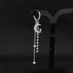 Single steel color chain men's pierced earrings (length about 7cm diameter 1.6cm) Moon