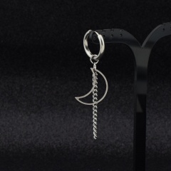 Single steel color chain men's pierced earrings (length about 7cm diameter 1.6cm) Hollow moon