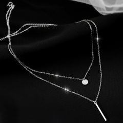 Round piece long strip Cubic zirconia double layer copper clavicle necklace (chain length 45/55cm) platinum