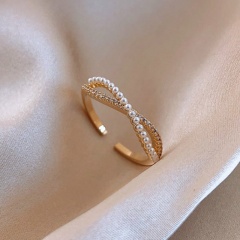 Figure 8 Geometric Imitation Pearl Cubic Zirconia Copper Plated Real Gold Open Ring gold