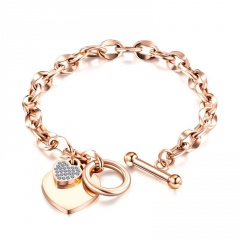 Love heart inlaid rhinestone titanium steel OT buckle bracelet (chain length 18cm) rose gold