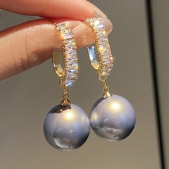 S925 silver needle Imitation Pearl C-shaped Cubic Zirconia Hoop Earrings () gray