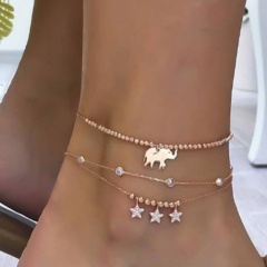 Elephant star rhinestone gold chain anklet set (Chain length: 20+5cm) 3pcs/set
