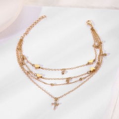 Four-layer cross love rhinestone chain anklet (Chain length: 19/21/23/25+5cm) gold