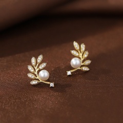 S925 Silver Needle Inlaid CZ Pearl Stud Earrings Gold