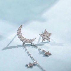 Star and Moon Rhinestone Asymmetrical Stud Earrings 18KGP
