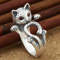 Vintage Cat Red Eyes Open Silver Plated Ring Ancient silver
