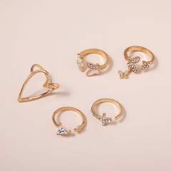 5pcs/set Geometric love heart hollow full rhinestone enamel butterfly ring set gold