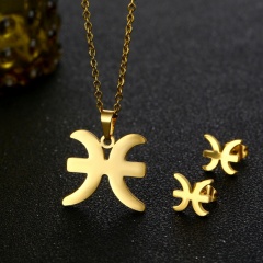 12 Constellation Symbols Stainless Steel Gold Necklace Set Chain Length 45cm Pisces