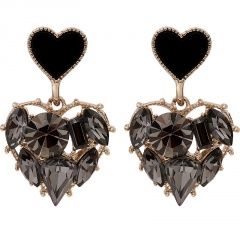 Inlay Rhinestone Heart S925 Needle Gold Dangling Earrings 2.5*1.5cm Black