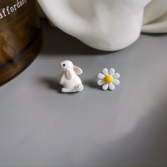 S925 Silver Needle Bunny Asymmetrical Stud Earrings Daisy
