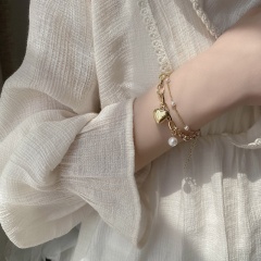 INS style double layer imitation pearl chain heart pendant bracelet bracelet #golden