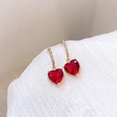 S925 Silver Needle Love Heart Micro Set with  rhinestone  Spike Earrin gs 2.7*0.9cm #Red
