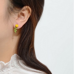 S925 silver needle tulip flowers with small stud earrings  resin material (size 2*0.7cm) opp Yellow