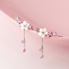 Sakura Flower Shell Cubic Zirconia Tassel Copper Stud Earrings (size 1.8*2.9cm) silver