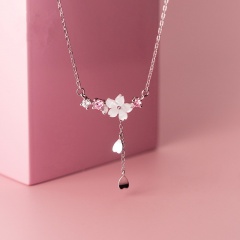 Sakura Flower Shell Cubic Zirconia Tassel Clavicle Chain Necklace (Pendant size: 1.8*2.9cm, chain length 41+5cm) silver