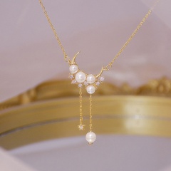 Moon Pearl Cubic Zirconia Tassel Necklace Earrings necklace
