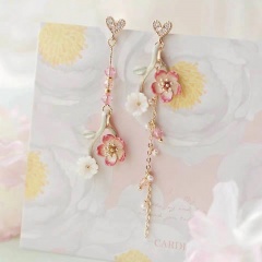 Sakura Asymmetric AB Long Rhinestone Enamel Stud Earrings (size 6.5cm) gold