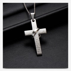 Ring Cross Scripture Stainless Steel Pendant Necklace (size 60cm) opp Steel color A