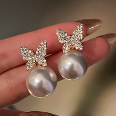 925 Silver needle butterfly rhinestone imitation pearl stud earrings (size2.4*1.3cm) gold