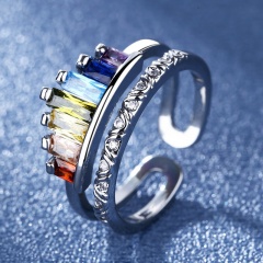 Crown Cube Zirconia Rainbow Color Colorful Copper Open Ring platinum