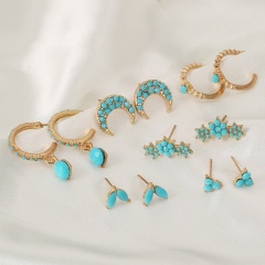 6pairs/set Turquoise moon stars leaves geometric drop-shaped retro stud earrings set 6pairs/set