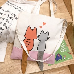 Cartoons Cute Partner Cats Love Couple Canvas Bag Satchel For Girl (size: 33*32*1cm) White