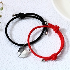 Black and white love heart couple stitching magnet weaving bracelet set 2pcs/set red&black