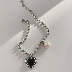 Love heart imitation pearl round bead bracelet (chain length 16+3cm) Ancient silver