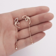 Butterfly long chain rhinestone stud earrings (size 1.2*6.3cm) rose gold