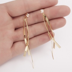 Cubic zirconia long cross-line tassel earrings stud earrings (1.5*8cm) gold