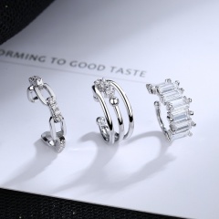 Three-layer cube chain C-shaped copper cubic zirconia earrings set (size 11mm) 3pcs/set