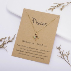 KC gold plated Colored rhinestone symbol version twelve constellation paper card necklace Pisces