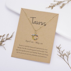 KC gold plated Colored rhinestone symbol version twelve constellation paper card necklace Taurus