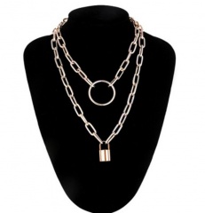 Multi-layer O-shaped chain geometric circle lock pendant necklace (chain length 40-50+5cm) gold