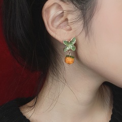 925 needles enamel glass persimmon leaves earrings (3.2*1.5cm) gold