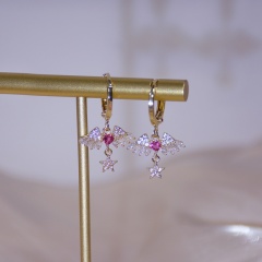 925 Silver Needle Angel Wings Five-pointed Star Pendant Love Cubic Zirconia Copper Earrings (2.8*1.6cm) 14K Gold